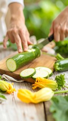 Person slicing zucchini on a wooden cutting board. Fresh vegetables and flowers