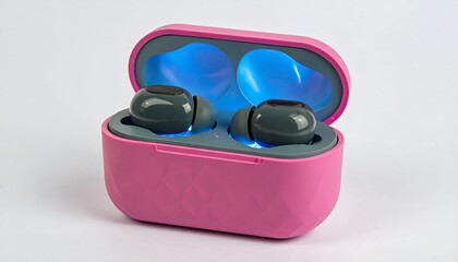 Pink wireless earbuds case with lit-up charging compartment