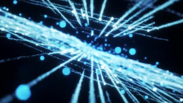 Abstract image of light streaks and particles in a dark background, suggesting a futuristic or cosmic scene.