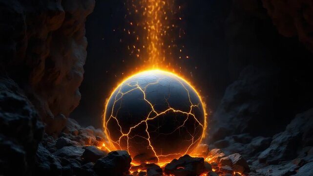 Glowing cracked earth ball emitting sparks in a dark rocky cave with fiery orange tones.