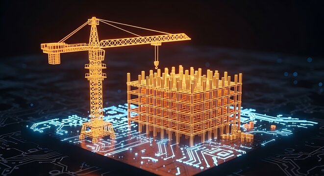 Digital construction crane working on building framework with circuit board design glowing, represents modern technology