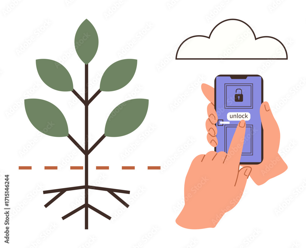 Aufkleber plant with roots highlighted under a dashed line and a smartphone with an unlock button beneath a cl