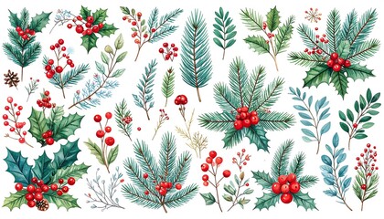 Watercolor Christmas Floral Collection: Holly, Berries, Pine, and Winter Greenery