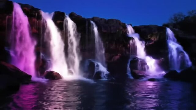 Majestic Waterfall Display, Nature, Nighttime Setting, Photographic Capture, Vibrant Light Effects
