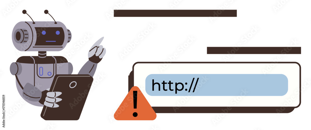 Aufkleber robot inspecting website url highlighted with an alert triangle symbolizing cybersecurity concern. i