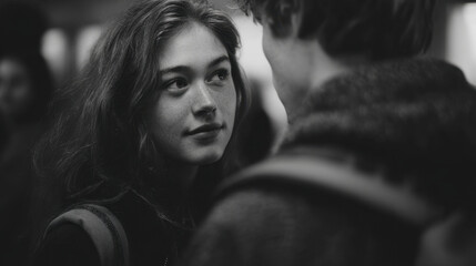 Young woman gazing intently at another person in a black and white setting, showcasing deep emotions in a crowded environment with soft lighting and intimate atmosphere.