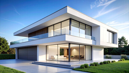 Modern white minimalist house with clean lines, flat roof, and large glass doors