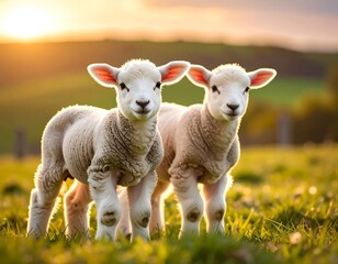 Fototapeta premium Two adorable lambs in a field at sunset
