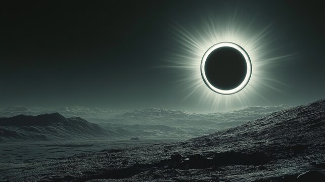 Solar eclipse seen from the Moon&acirc;&euro;&trade;s surface, dramatic diamond ring effect forming as sunlight emerges from behind the Moon. 