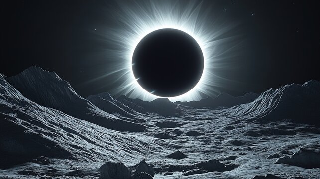 Solar eclipse seen from the Moon&acirc;&euro;&trade;s surface, dramatic diamond ring effect forming as sunlight emerges from behind the Moon. 