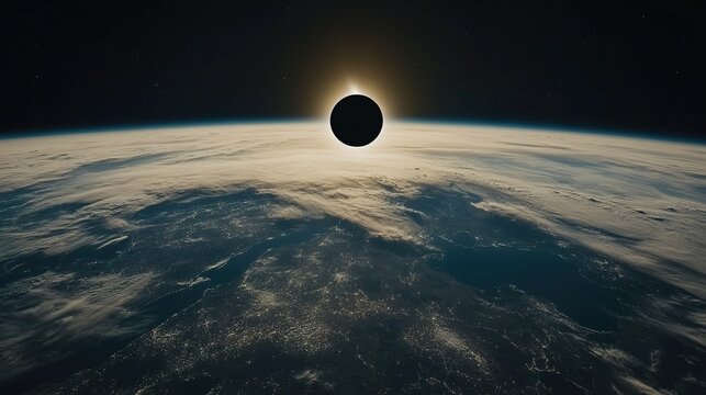 Solar eclipse shadow moving across Earth&acirc;&euro;&trade;s surface captured from geostationary orbit, dark path sweeping across continents. 