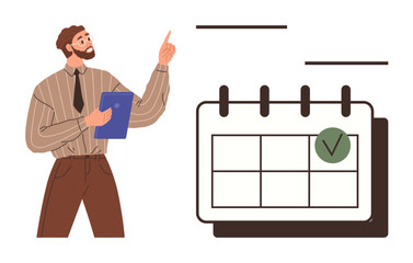 Man in formal attire holding clipboard, pointing at calendar with green checkmark. Ideal for planning, scheduling, time management, deadlines, goal-setting, productivity presentation. Simple flat