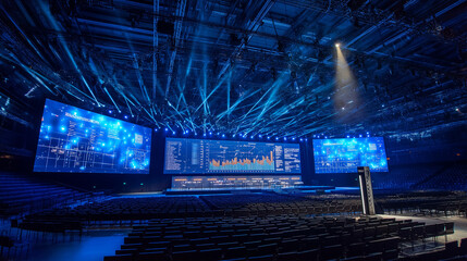 Large auditorium with bright stage lighting and massive LED screen displaying graphs, conference setup with microphone stand