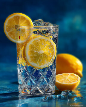 A glass of water with a lemon slice in it