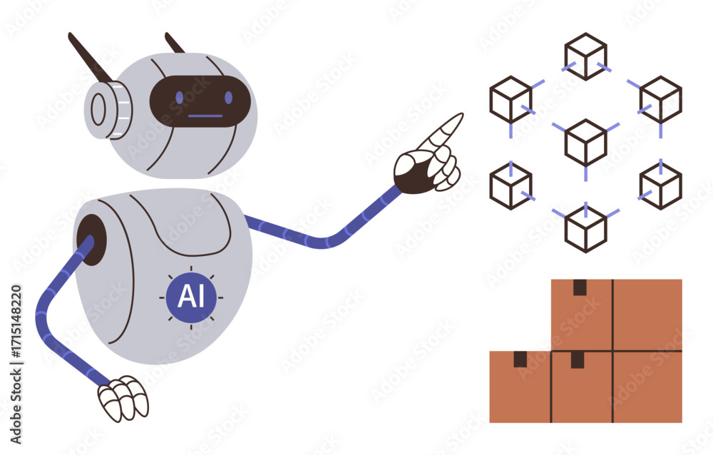 Poster ai robot interacting with blockchain network and stacked cargo boxes, demonstrating tech integration