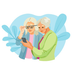 Elderly women looking at smartphone screen, flat graphic style, blue abstract background. Concept of technology use by seniors. Vector illustration