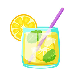 Glass of lemonade with lemon slice, mint leaves, and straw in flat graphic style on white background. Concept of refreshing summer drink. Vector illustration