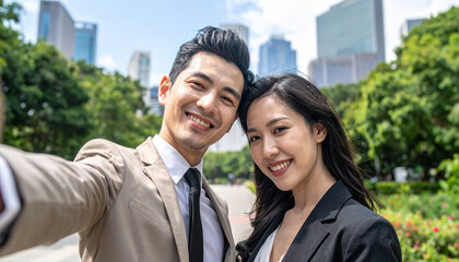 Smiling man woman selfie outdoor city park business casual suit tie happy couple urban background