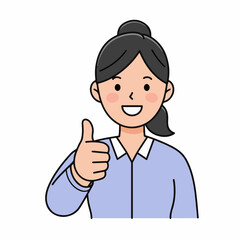 A smiling woman with dark hair pulled back in a bun, wearing a blue collared shirt, gives a thumbs-up gesture.