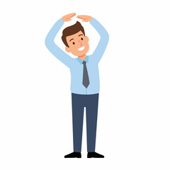 Fototapeta premium A smiling man in business attire stretches his arms overhead, demonstrating a simple exercise.