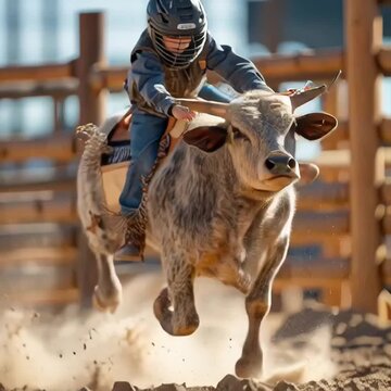 Action video of a young boy in a safety helmet riding a bucking poddy calf at a country rodeo.