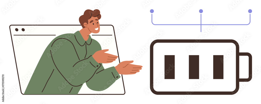 Poster man emerging from browser window pointing at battery graphic with charge bars and connected dots. id