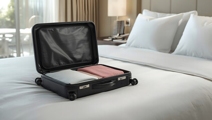 Open black suitcase on a hotel bed, filled with folded clothes.