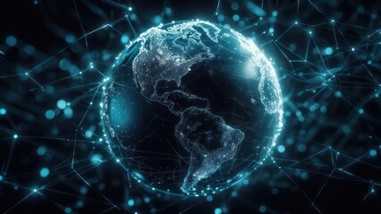 Glowing digital globe, interconnected nodes