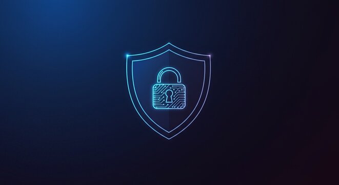Futuristic digital shield with circuit-line lock in blue-violet neon, cyber defense, network protection and cloud security