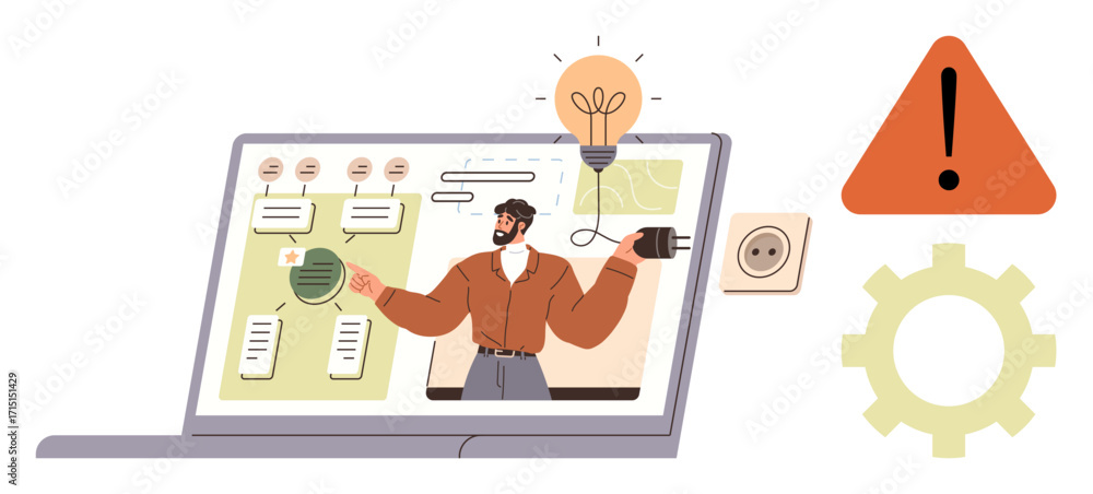 Poster male presenter discussing concepts and solutions using charts on a laptop screen with light bulb, pl