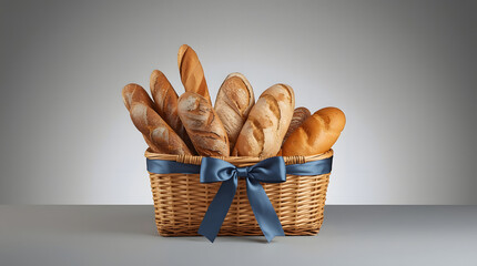 A wicker basket overflowing with various freshly baked loaves of bread, tied with a blue ribbon.