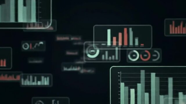 Close-up of a futuristic data visualization dashboard with various bar charts and graphs on a dark background with a neon color scheme. - Powered by Adobe