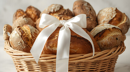 A wicker basket filled with assorted artisanal breads, tied with a white ribbon bow.