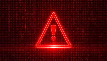 Red triangle alert sign on matrix code background, concept of malware detection, hacking, and network breach warning.