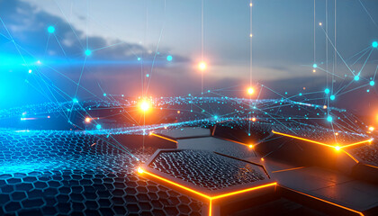 Futuristic digital network with glowing nodes and connections over a hexagonal grid surface in blue and orange light.
