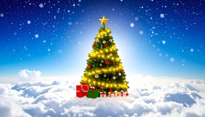 Brightly lit Christmas tree with gifts in a dreamy winter wonderland setting.