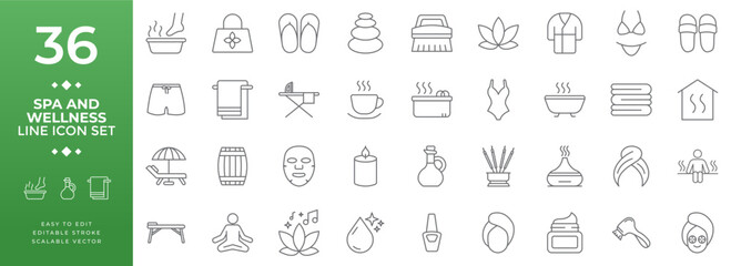 Comprehensive vector line icon set for spa, wellness, and relaxation. collection features editable icons including massage, meditation,aromatherapy ideal for websites and marketing materials.