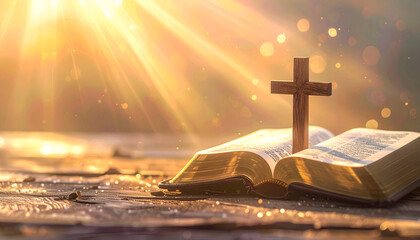 Christian cross placed on Holy Bible pages with radiant golden light.