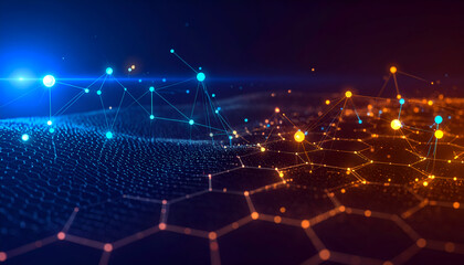 Futuristic technology visualization showing data transfer, artificial intelligence, and network communication.