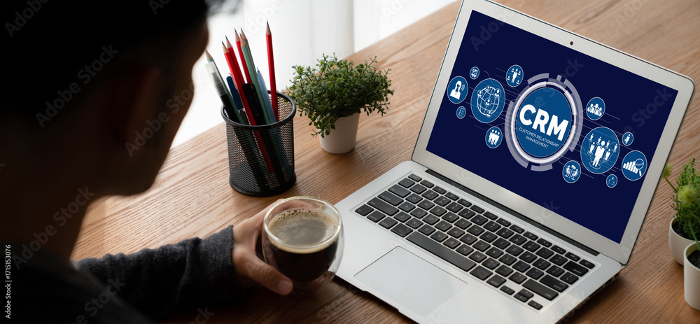 Poster customer relationship management system on modish computer for crm business and enterprise