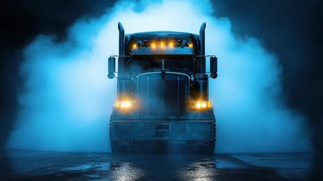 Front view of a semi truck in fog