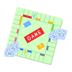 Colorful board game setup with money bills and cards, flat graphic style, isolated on white background. Concept of strategy and fun. Vector illustration