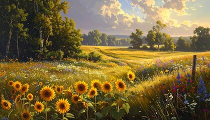 Obraz premium Golden Meadow Blossoms at Sunset