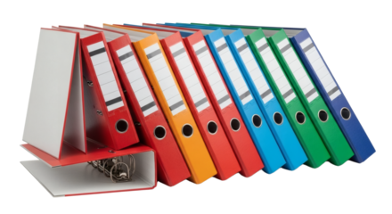 Dynamic Stack of Colorful Office Binders Angled Organization and Data Management. clipping path, Business concept, PNG, graphic resources