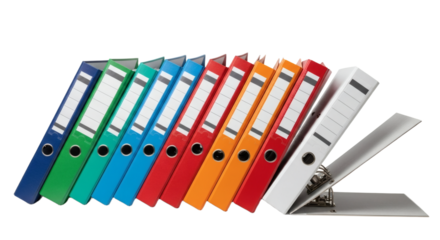 Dynamic Stack of Colorful Office Binders Angled Organization and Data Management. clipping path, Business concept, PNG, graphic resources