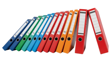 Dynamic Stack of Colorful Office Binders Angled Organization and Data Management. clipping path, Business concept, PNG, graphic resources