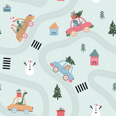Winter Christmas dinosaurs in cars seamless pattern. Adorable Dinos in the road on a blue background. Holiday illustration.