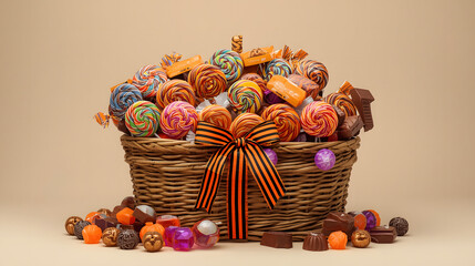 Wicker basket overflowing with colorful assorted candies, lollipops, and chocolates, tied with an orange and black ribbon.
