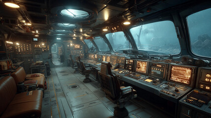 Futuristic control room with glowing holographic displays, dark cinematic lighting