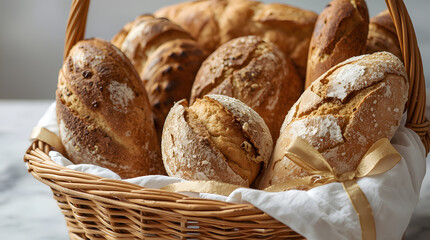 A wicker basket overflowing with freshly baked artisan bread loaves and rolls.